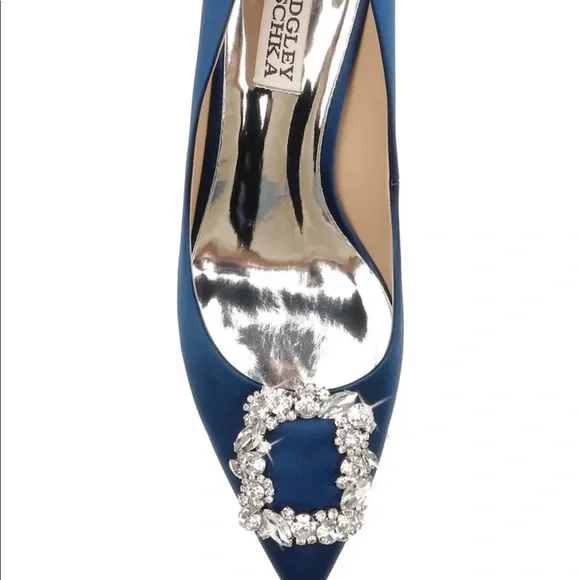 Navy satin kitten heels with jewel detail